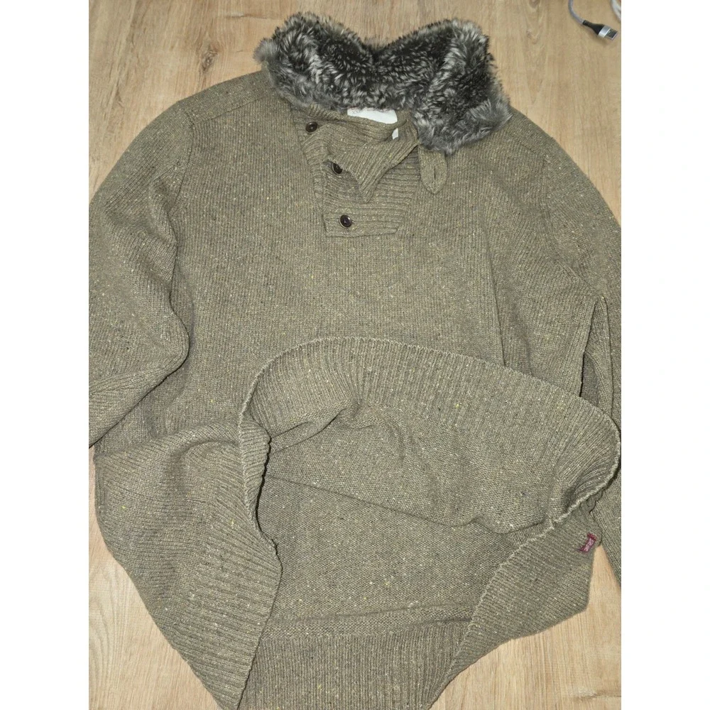 Banana Republic Heritage Men's XXL Olive Flecked Knit Henley Sweater Faux Fur...